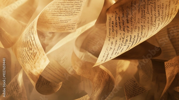Obraz Ancient Manuscripts and Floating Text Papers in Artistic Motion