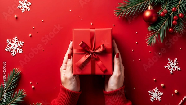 Fototapeta Woman's hands holding a gift box on a red background. Christmas gifts. Holiday mood. Flat lay, top view. Copy space
