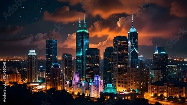 Fototapeta A vibrant, futuristic cityscape shaped like a cloud, with colorful buildings and glowing lights. Set against a dark background, the city appears to float among fluffy white clouds.