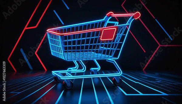 Fototapeta Artificial Intelligence in Retail Concept with High-Tech Background and Prominent Shopping Cart Symbol, Representing the Integration of AI in Shopping Experiences