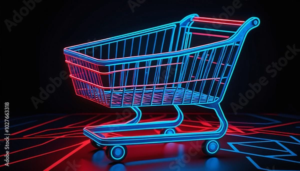 Fototapeta Artificial Intelligence in Retail Concept with High-Tech Background and Prominent Shopping Cart Symbol, Representing the Integration of AI in Shopping Experiences