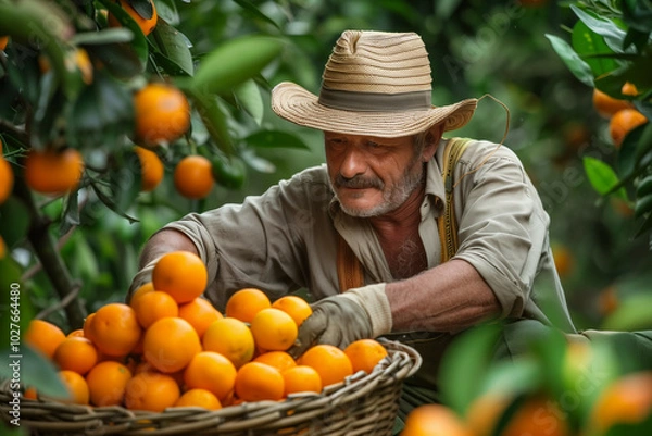 Fototapeta An experienced farmer carefully selects ripe oranges from a lush grove, focusing intently on quality and freshness