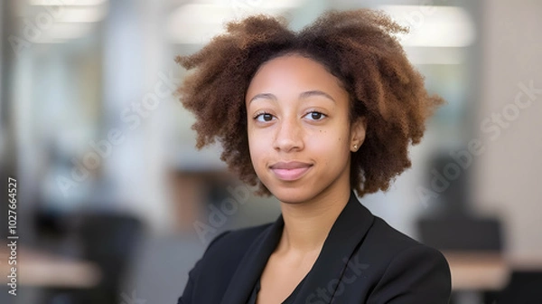 Fototapeta A professional portrait of a young woman with curly hair in a business setting.