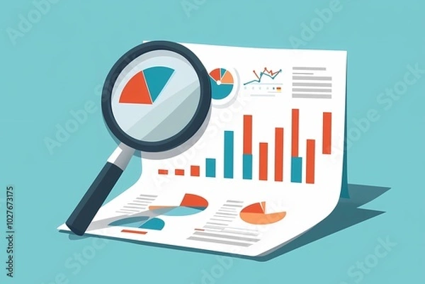 Fototapeta Flat design illustration of competitor analysis with magnifying glass over business report showing pie charts, bar graphs, and market trends in blue, red, and orange on teal background