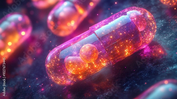 Fototapeta medicine capsules shimmer with a sparkling effect against a soft, blurred background, symbolizing healing, hope, and the innovative advancements in modern medicine and healthcare