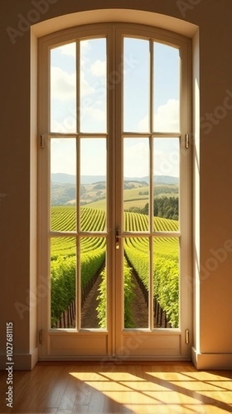 Fototapeta View From an Interior Space Through a Tall, Rectangular Window With Multiple Panes, Revealing a Vibrant Vineyard Scene.