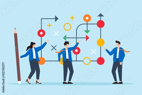 Fototapeta Flat illustration of business team plans for success with tactic chart strategy to overcome obstacles and achieve goals