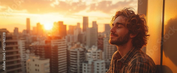 Fototapeta A man sits peacefully on a ledge, basking in the warm glow of the sunset as the city skyline glimmers below