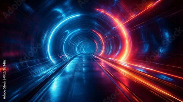 Fototapeta dynamic futuristic scene illustrating speed and motion with vibrant blue and red rays. This image symbolizes technological advancement, innovation, and the energy of modern life