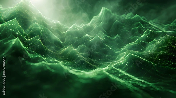 Fototapeta Abstract 3D Green Mountain Landscape with Fog and Light