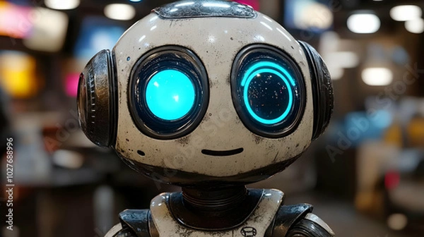 Obraz Cute Robot with Glowing Blue Eyes 3D Illustration