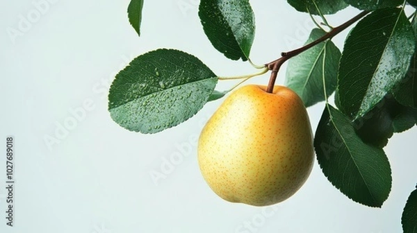 Fototapeta Freshly grown pear hanging from a green leafed branch against a light background