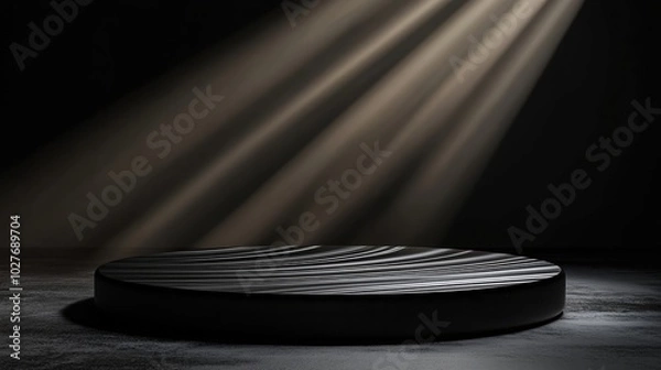 Fototapeta Product podium with a black ripple surface under a spotlight