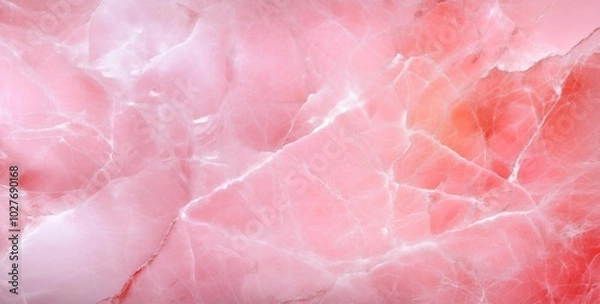 Fototapeta Close-up of pink marble texture with delicate veins of red and white, showcasing a natural, luxurious stone pattern