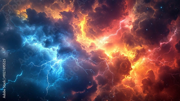 Fototapeta chaotic lightning striking dark clouds, symbolizing turmoil and the power of nature, evoking feelings of intensity, fear, and awe in an atmospheric landscape