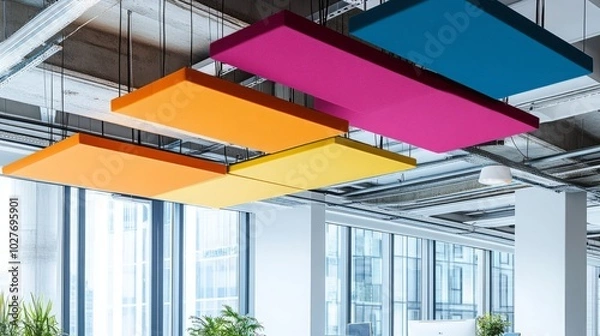 Fototapeta Colorful acoustic panels suspended in a modern office space.