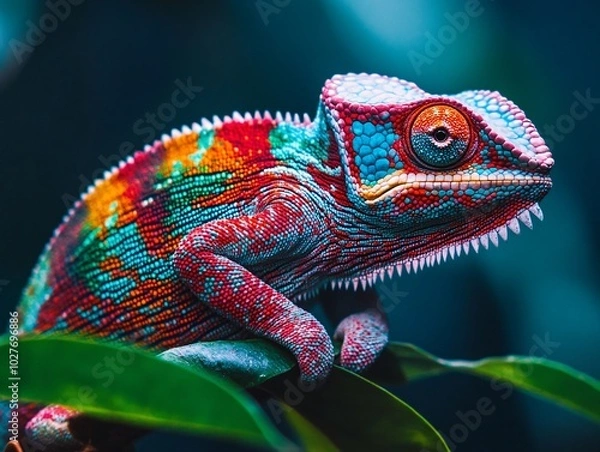 Fototapeta chameleon on a green leaf