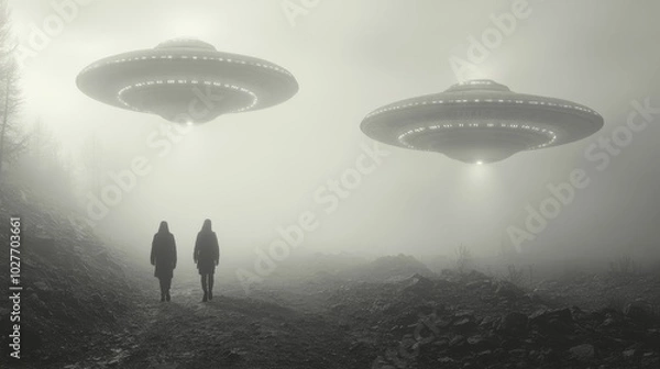 Fototapeta Two people walking in a foggy field with two UFOs in the sky
