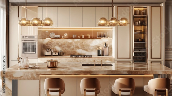 Obraz Elegant kitchen interior with gold hardware, A kitchen with a large island with chairs and a table with chairs