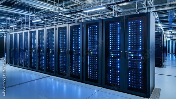 Obraz Create a visual representation featuring a supercomputer and rack-mounted servers within a modern data center. The design should symbolize the capabilities of high-performance computing and artificial