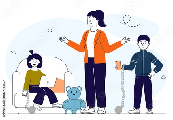 Fototapeta Kids with addiction to gadgets. Boy and girl with chains and smartphone. Mental and psychological problems. Gadget and device. Linear vector illustration