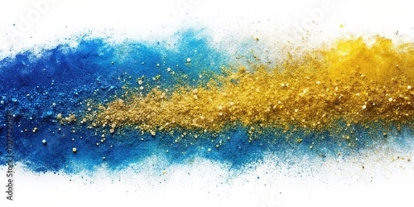 Fototapeta A mesmerizing image of blue and yellow watercolor blending in glitter on a clean white background captured in a medium shot, colorful, yellow, dreamy, splatter, serene, glitter