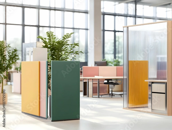 Obraz Modern office space with plants and partitioned work areas for collaboration and productivity.
