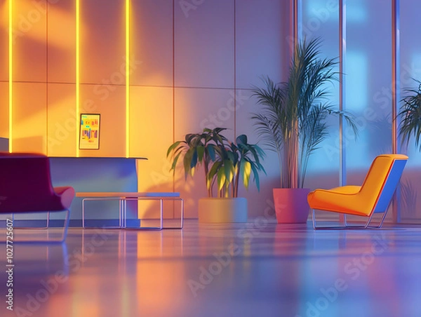 Obraz A modern, stylish lounge area with vibrant lighting and plants, designed for relaxation.