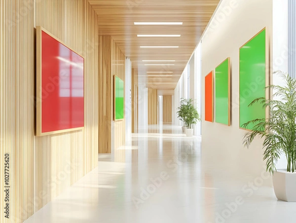 Obraz A modern corridor featuring colorful wall panels and greenery.