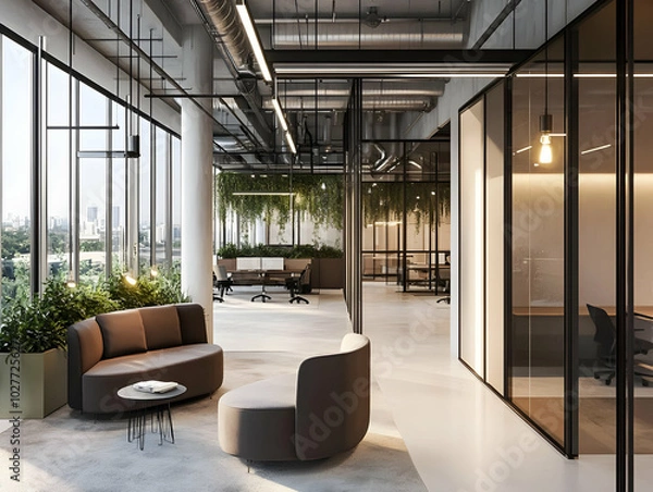 Obraz Modern office interior with seating, greenery, and glass partitions for collaborative workspaces.