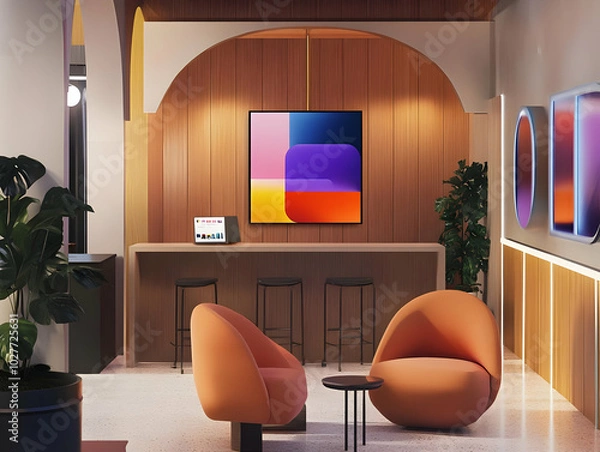 Obraz Modern lounge area with stylish seating and digital display, promoting a welcoming atmosphere.
