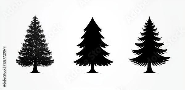 Fototapeta On a white background, a set of modern silhouettes of fir trees.