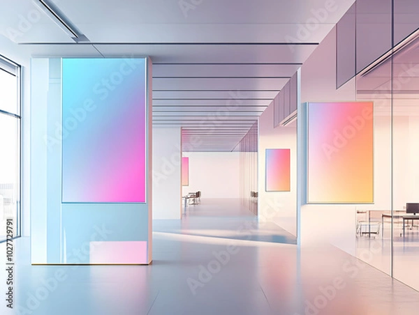 Fototapeta Modern interior with gradient art displays, emphasizing minimalism and contemporary design.
