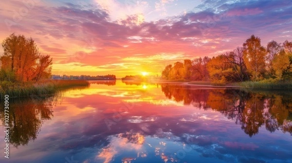 Fototapeta The sky lights up in vibrant hues at sunset, as autumn leaves surround the calm lake reflecting the stunning colors. Generative AI