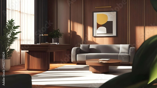 Fototapeta Modern office interior featuring a sofa, coffee table, and artwork with natural light.