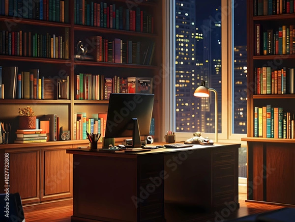 Fototapeta A cozy office space with bookshelves, a desk, and a city view at night.