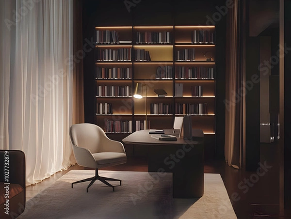 Fototapeta A modern office space featuring a desk, chair, and bookshelves with warm lighting.