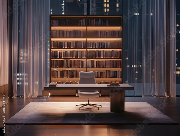 Fototapeta A modern office space with a sleek desk and a bookshelf, illuminated at night.