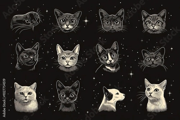 Fototapeta A collection of 12 cat portraits, each outlined in white and set against a dark starry background.