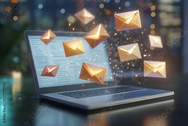 Fototapeta 3d render of laptop with flying envelope and letters. Communication concept