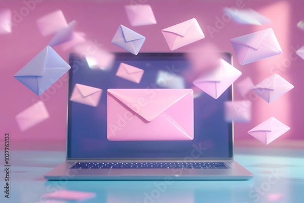 Fototapeta 3d render of laptop with flying envelope and letters. Communication concept