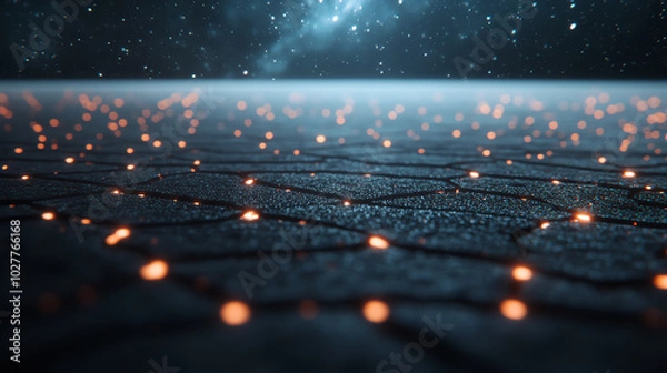Fototapeta A close-up view of a dark surface illuminated by scattered lights. The background features a twinkling starry sky, creating a magical and mysterious ambiance.