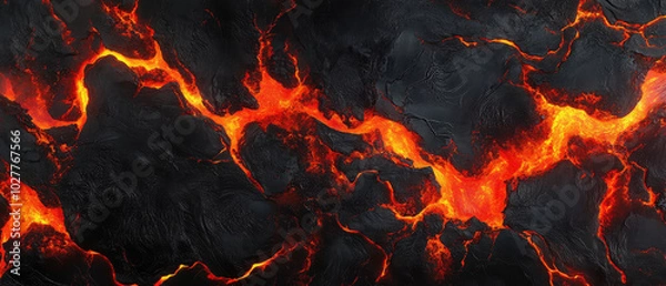 Fototapeta Striking image of molten lava cracks with intense, fiery orange glow against a contrasting black background, showcasing nature's raw and destructive power.