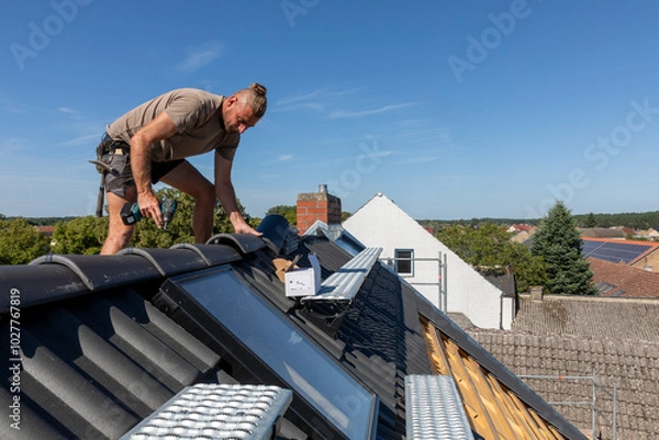 Obraz Ein Dach wird neu gedeckt. Beton-Dachsteine in der Farbe Anthrazit. Befestigung der Firstziegel