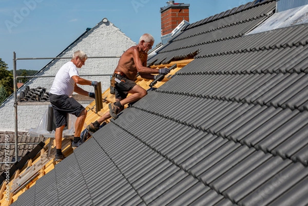 Fototapeta Ein Dach wird neu gedeckt. Beton-Dachsteine in der Farbe Anthrazit. Zwei Dachdecker im Seniorenalter