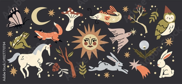 Fototapeta Mystical stickers of forest animals, plants, moon, sun. Folklore fairy tale motifs, magical mysterious enigmatic forest. Vector elements in cartoon style