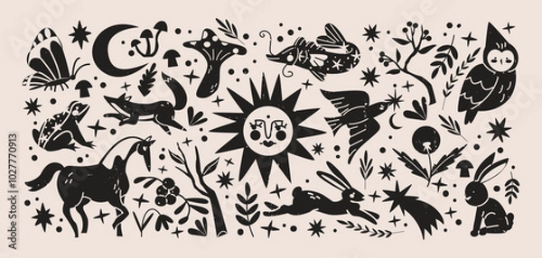 Obraz Abstract wood folk shapes with plants, animals, insects and forest elements. Ethnic folk stickers in scandinavian style. Boho silhouettes and floral patterns, doodle Scandinavian folk textile pattern