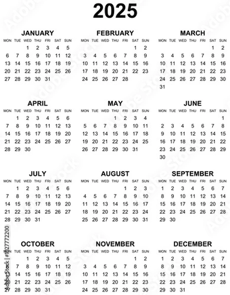 Fototapeta Simple editable vector calendar for year 2025 mondays first, sundays on black, easy to edit and useSimple editable vector calendar for year 2025 mondays first, sundays on black, easy to edit and use