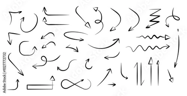 Fototapeta Set of different arrow shapes with doodle effect hand drawn design in fun visual presentations animated vector illustration