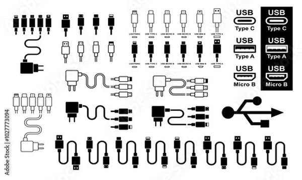 Fototapeta different usb cable and usb port charger icons collection. usb c, b, micro usb, etc icons for mockup, packaging, product etc. cable and port icon large collection for phone, laptop and computer.